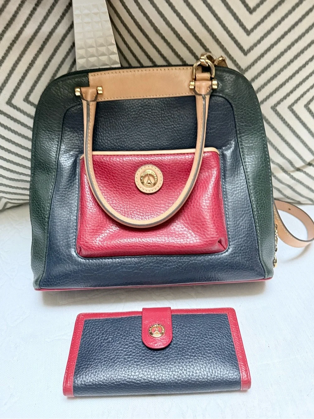 La Tour Eiffel Vintage  Tri Color Pebbled Leather Satchel with Matching Wallet